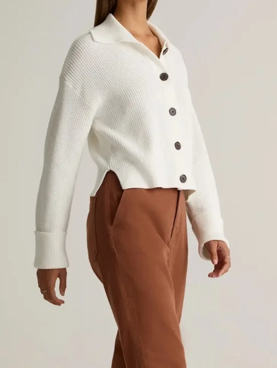 Quince 100% Organic Cotton Fisherman Collared Cardigan In Ivory Size Large - Picture 2 of 7